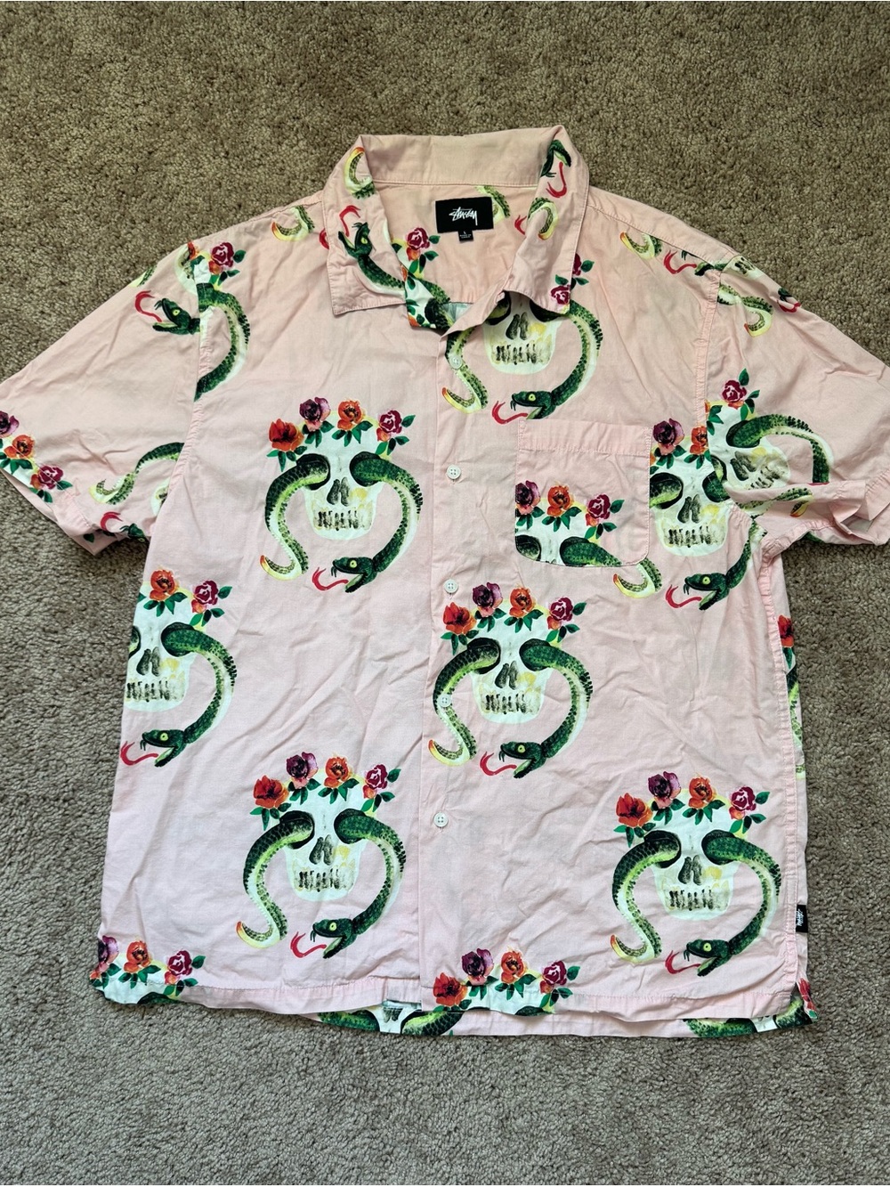 RARE Stussy Skull Snake Dia De Muertos Short Sleeve Button Down Pink Shirt L